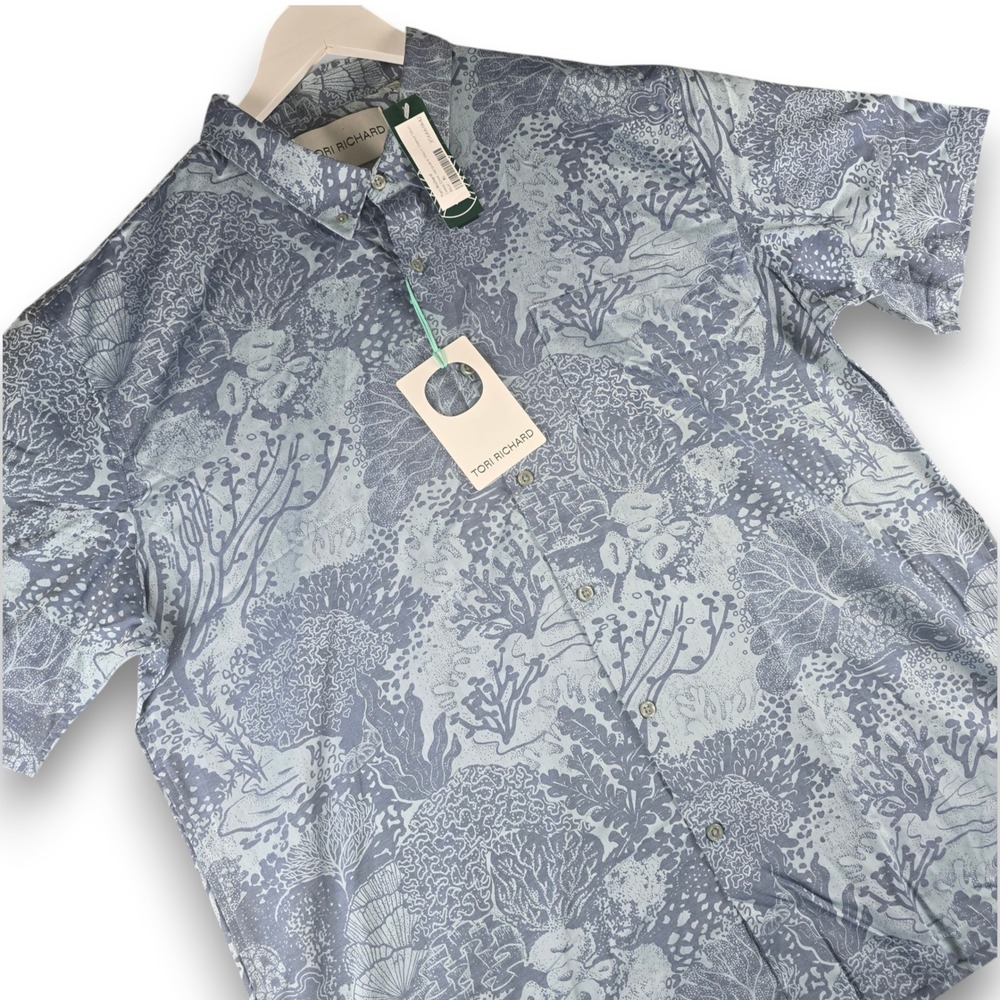 Tori Richard Deep Dive Jacquard Shirt Mens XL Blue Coral Short Sleeve NWT
